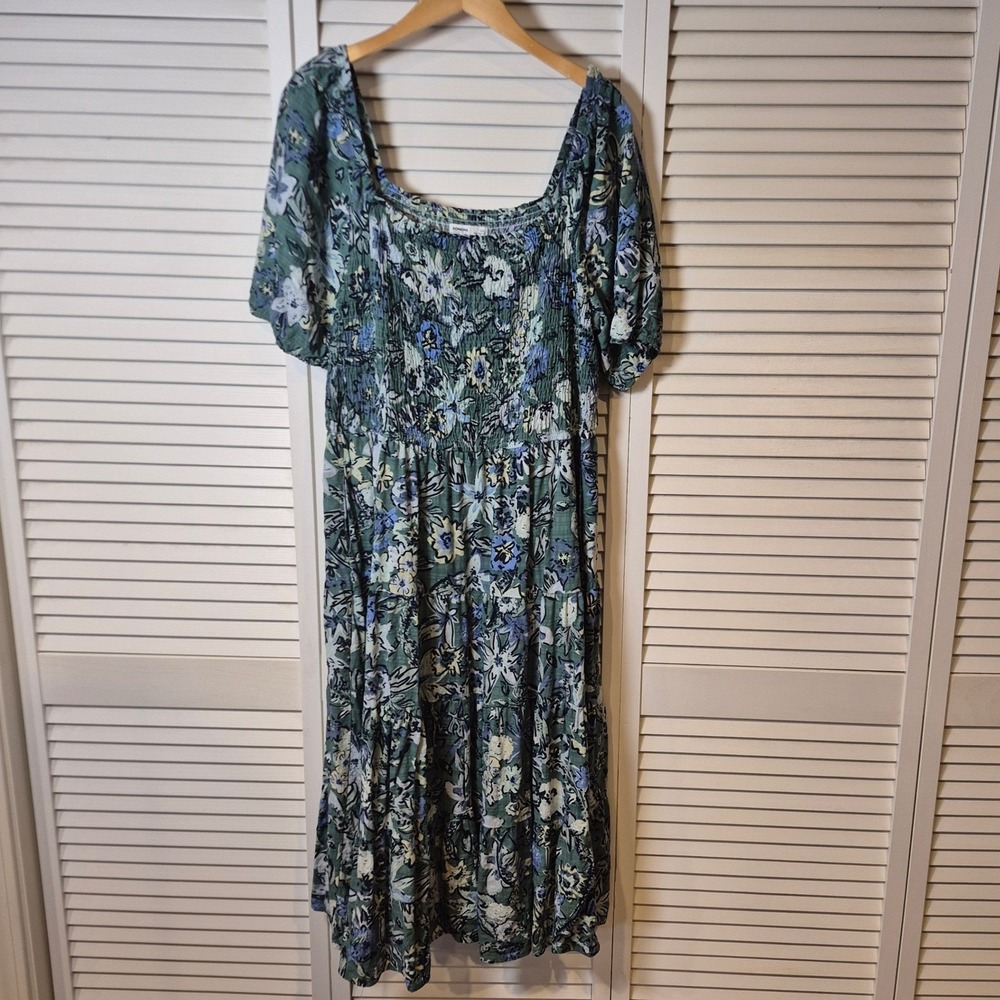 Sonoma Midi Dress XXL Green Floral Smocked Beachy Tropical Vacation Square Neck - Picture 2 of 8